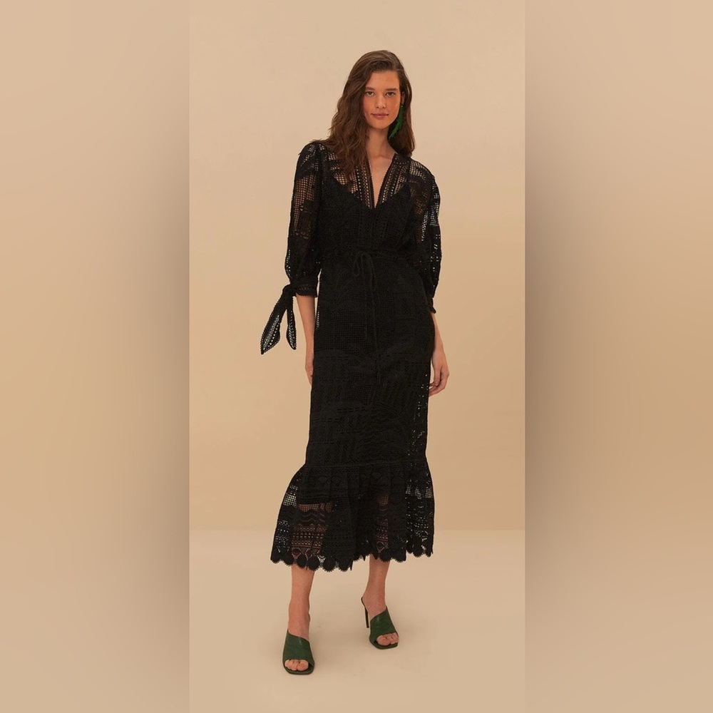 FARM Rio Black Morada Boa Guipure Maxi Dress